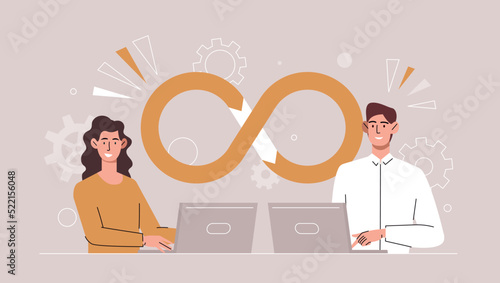 Devops software concept. Man and girl at computers communicate on Internet. Modern technologies and digital world. Programmers work on one project, coworking. Cartoon flat vector illustration