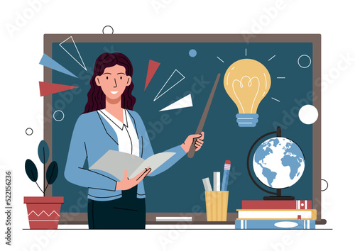 Female teacher concept. Young girl with pointer shows homework on board and explains topic of lesson. Woman giving answers to students questions in school room. Cartoon flat vector illustration