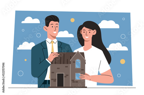 House insurance concept. Man and girl protect their home, pay for guaranteed reward in case of accident. Safety and comfort. Deals and contracts, purchasing property. Cartoon flat vector illustration