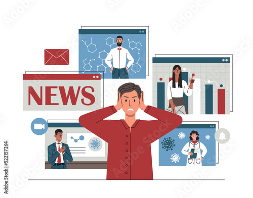Information detox concept. Man covers ears with hands, tired of news. Information garbage and oversaturation with rumors. Modern pace of life and social networks. Cartoon flat vector illustration