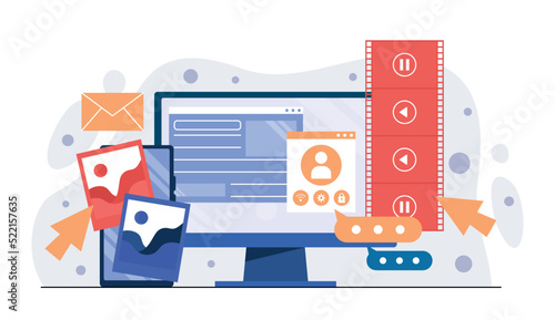 Media devices concept. Computer monitor with open video and audio files. Digital technologies and world. Social networks and interesting content on Internet. Cartoon flat vector illustration