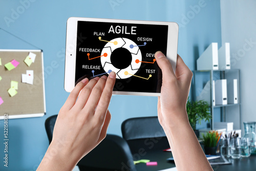 Woman with tablet PC in off...