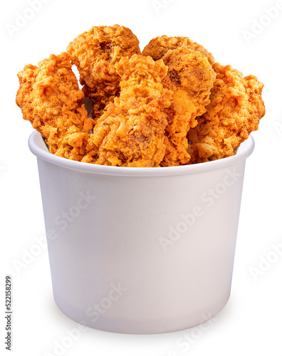 Spicy fried chicken in paper bucket isolated on white background, Fried chicken on white With clipping path.