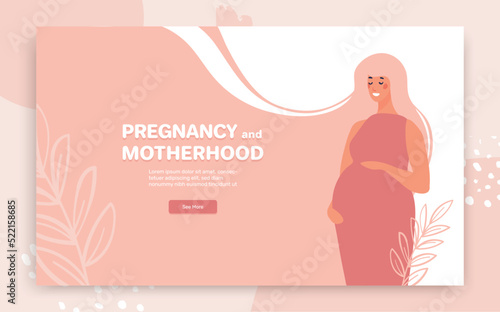 Pregnancy and motherhood pink tender card. Calm pregnant woman smiles and hugs her belly with her hands. Landing page with place for text. Vector flat illustration for design.
