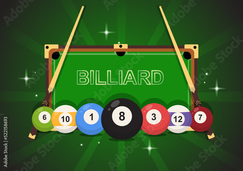 Billiards Game Hand Drawn Cartoon Flat Background Illustration with Pool Room with Stick and Billiard Balls in Sports Club