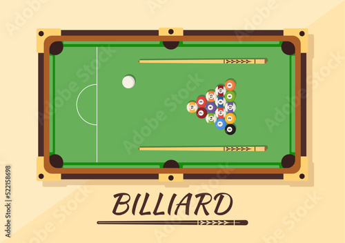 Billiards Game Hand Drawn Cartoon Flat Background Illustration with Pool Room with Stick and Billiard Balls in Sports Club