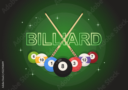 Billiards Game Hand Drawn Cartoon Flat Background Illustration with Pool Room with Stick and Billiard Balls in Sports Club