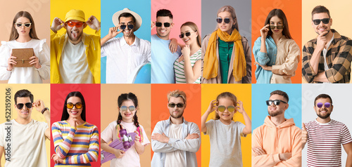 Collection of different people in stylish sunglasses on color background