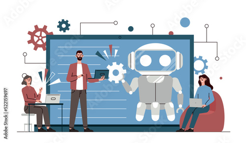 Workflow automation concept. Implementation of innovations in company or production. Modern technologies and digital world. Robot or bot for processing information. Cartoon flat vector illustration