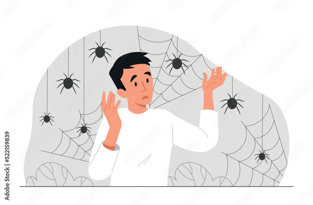 Vecteur Stock Concept of arachnophobia. Man afraid of spiders and