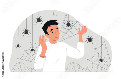 Concept of arachnophobia. Man afraid of spiders and cobwebs. Panic in front of insects, mental and psychological problems. Anxiety and danger, surrounded guy. Cartoon flat vector illustration