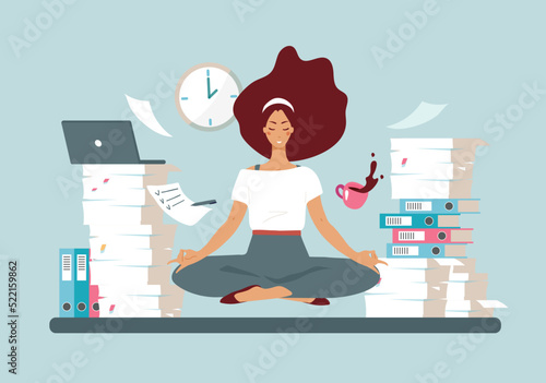 Stress relief and a healthy break from work to relieve stress. The girl meditates in the lotus position on the desktop around the set of cases, yoga in the office. Flat cartoon vector illustration.