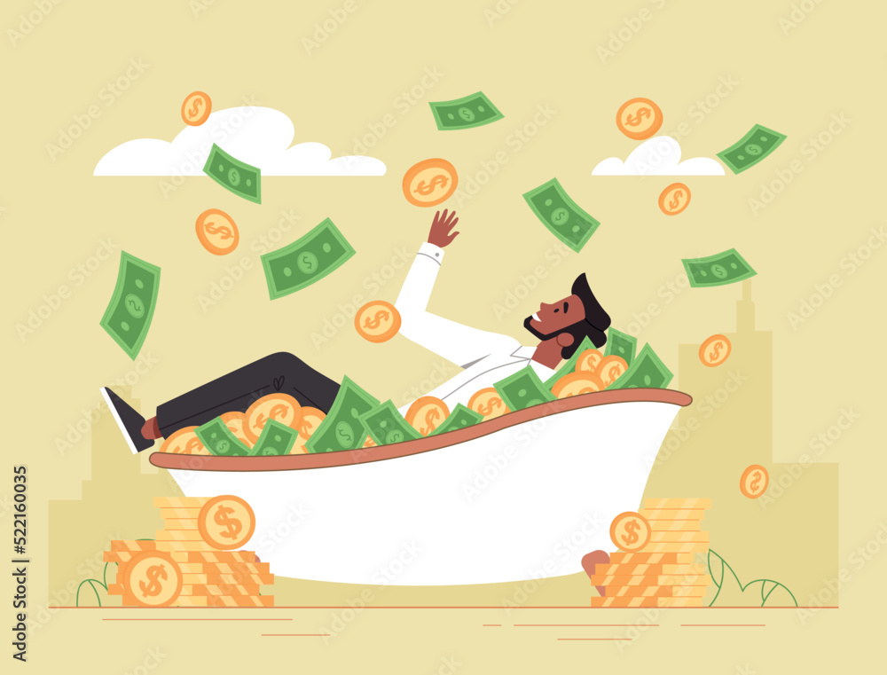 Bath with money. Metaphor of successful businessman or entrepreneur. Financial literacy and passive income concept. Talented investor makes profit, rich character. Cartoon flat vector illustration