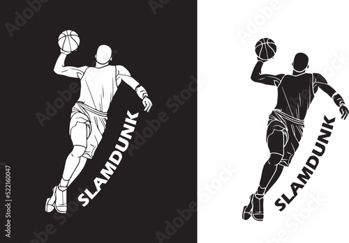 vector logo pattern drawing In the appearance of a basketball player is jumping and stuffing the ball into the hoop. It's called"Slam Dunk".