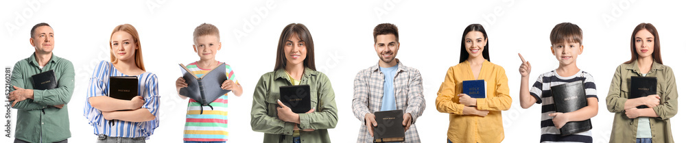 Set of people with Bible on white background Set of people with Bible on white background
