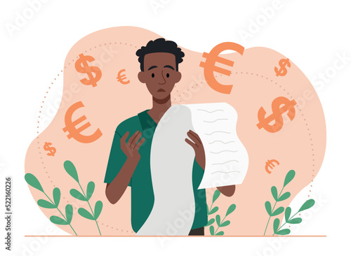Big amount bill. Man looks at check. Estimation of expenses and incomes, budget and financial literacy. Character received information about expenses, confused guy. Cartoon flat vector illustration