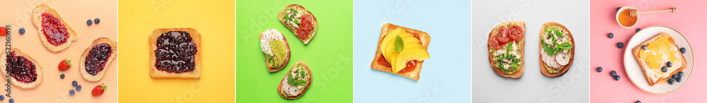 Collage of tasty sandwiches with jams, butter, honey, vegetables and cheese on color background, top view Collage of tasty sandwiches with jams, butter, honey, vegetables and cheese on color background, top view