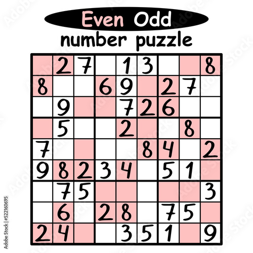 Even Odd number puzzle nine by nine vector illustration. Solve the puzzle - place even numbers on red cells and odd numbers on white cells by sudoku rules. Logic game for kids printable page