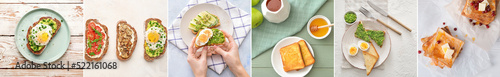 Set of tasty toasts with eggs, mushrooms, avocado, cheese, honey and berries on light background, top view