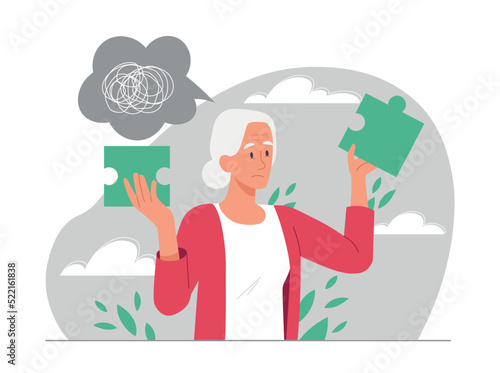 Concept of disorientation. Elderly woman lost, health problems and age related diseases. Dementia and memory loss, dysorentation and Alzheimers, mental illness. Cartoon flat vector illustration