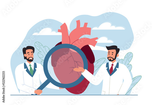 Examination of heart. Men with magnifying glass assess condition of organs. Student on exam or test and young professional training. Diagnosis and choice of treatment. Cartoon flat vector illustration