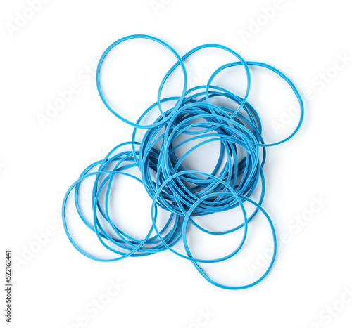 Heap of blue rubber bands isolated on white background