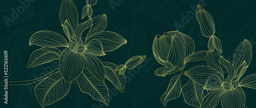 Golden floral line art vector background. Luxury watercolor wallpaper with tropical flowers, leaves and branch in hand drawn. Elegant botanical design for banner, invitation, packaging, wall art.