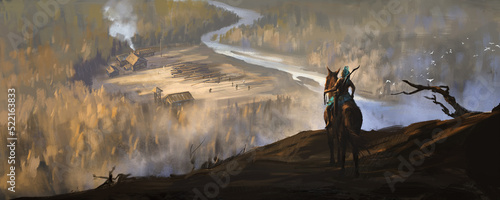 Aboriginal people on horseback watching the intruder in the distance, 3D illustration. photo