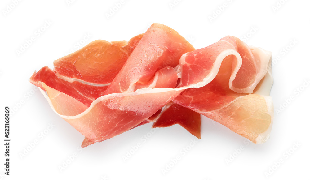 Slices of delicious jamon isolated on white background