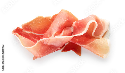 Slices of delicious jamon isolated on white background