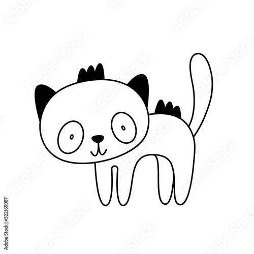 Vector doodle сute scared kitten with fur standing on end.Halloween cartoon cat.Childish funny clipart.Outline.Sketch.Isolated on white background.