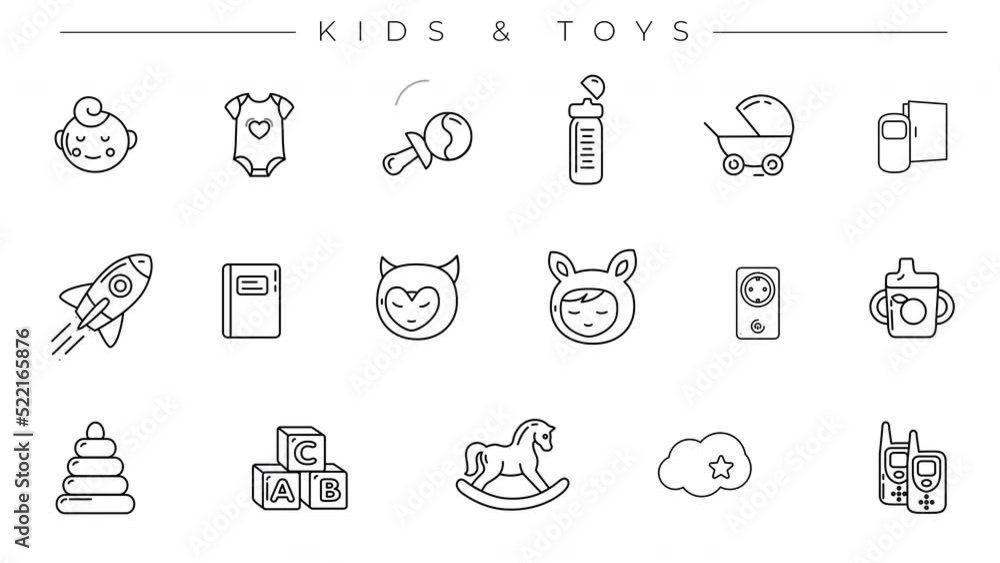 Kids and Toys line icons on the alpha channel.