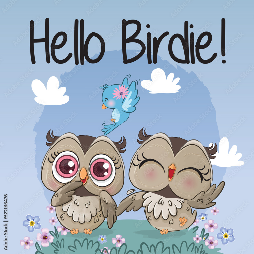 Obraz premium Cute little lovely owl with blue bird illustration- Illustration of background 