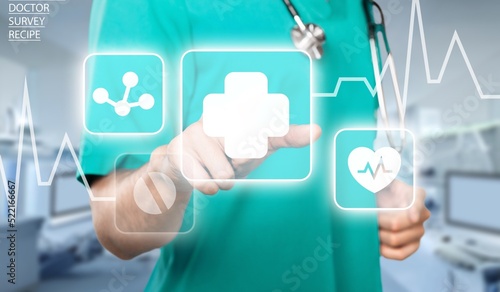 Medicine doctor hold icon health and electronic medical record on interface. Digital healthcare and network connection on virtual screen, medical technology and network concept.