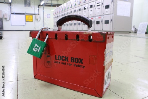 Lock box and switch gear room background ,Lockout Tagout , Electrical safety system.Key lock switch or circuit breaker for safety protect.in electric room	