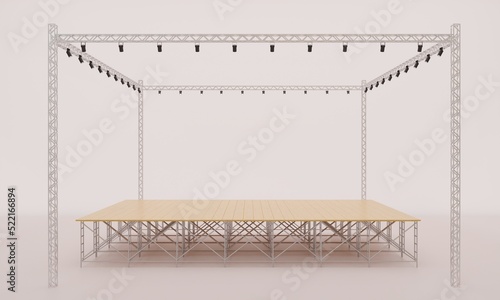 wood stage and speaker with spotlight on the truss system on the white background.3d redering. 