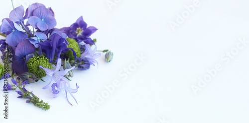 Fototapeta Naklejka Na Ścianę i Meble -  Blue flowers on a white background. Delicate floral arrangement. Background for a greeting card.