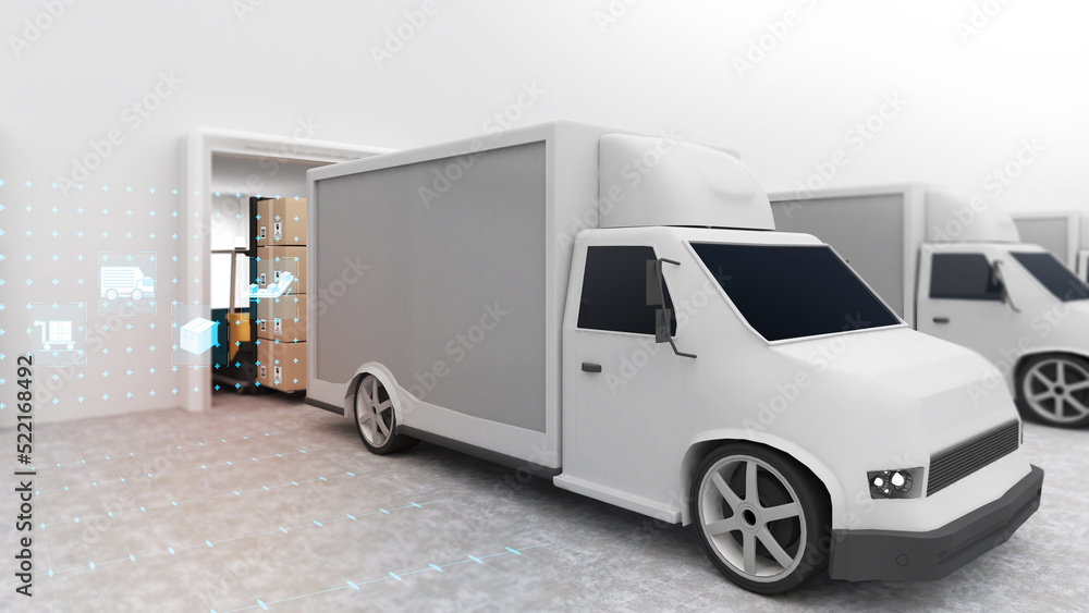 Cargo trucks waiting to be transported, cargo to trucks, land transport business, 3D rendering.