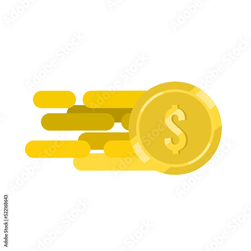 flat illustration of gold coin with dollar symbol moving fast isolated on white background