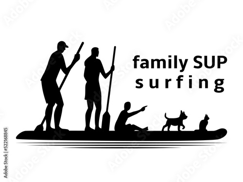 Happy family on SUP stand up paddle. Father, mother, child, dog and cat. The whole family is gathered on vacation. The silhouette of the family on the board.Emblem, badge, logo. Vector illustration.