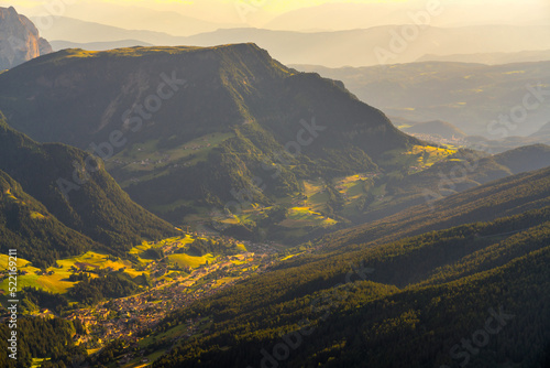 Scenery of Dolomites with the St. John's in Ranui Chapel, Santa Maddalena at sunset. Italy