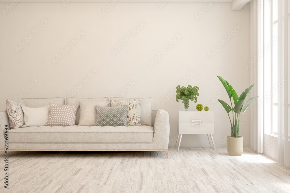 Modern living room in white color with sofa. Scandinavian interior design. 3D illustration Modern living room in white color with sofa. Scandinavian interior design. 3D illustration