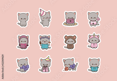 Set isolated cute  kitty kawaii chibi style sticker. Cat character