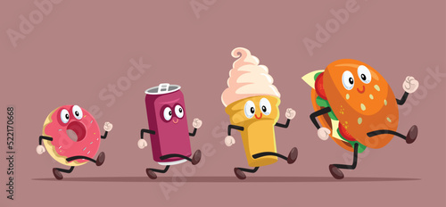 Fast Food Items Running Funny Concept Cartoon Illustration. Burger, ice-cream, soda, and donut characters exercising burning calories 

