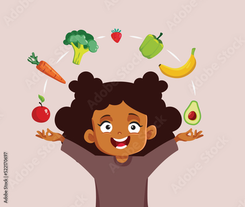 Cute Little Girl Presenting Healthy Diet Options Vector Cartoon. Cheerful child presenting healthy eating options
