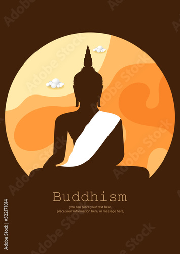 Big Buddha meditates temple religion vector illustration. Abstract paper art background © chayanit