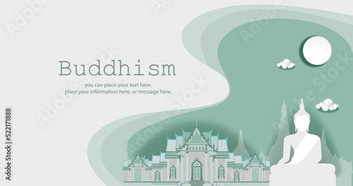 Buddha temple religion of frame background - Magha puja day banner Buddha with the full moon day vector design paper art