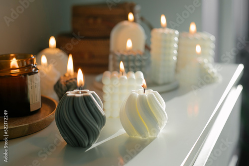 Handmade natural wax and soy burning candles. Concept of mental health, self care, mindfulness lifestyle