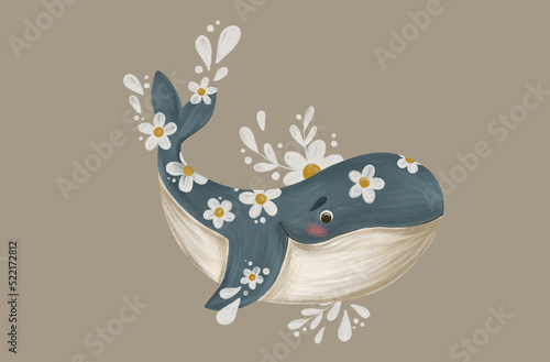 Cute whale with flowers. Digital illustration