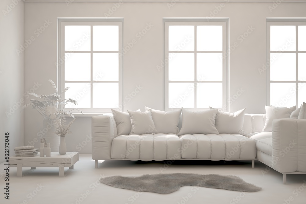 Fototapeta premium White minimalist living room with sofa. Scandinavian interior design. 3D illustration